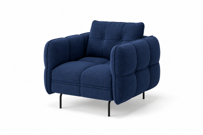Sillón individual Siena azul marino visto en ángulo, completo sobre fondo blanco