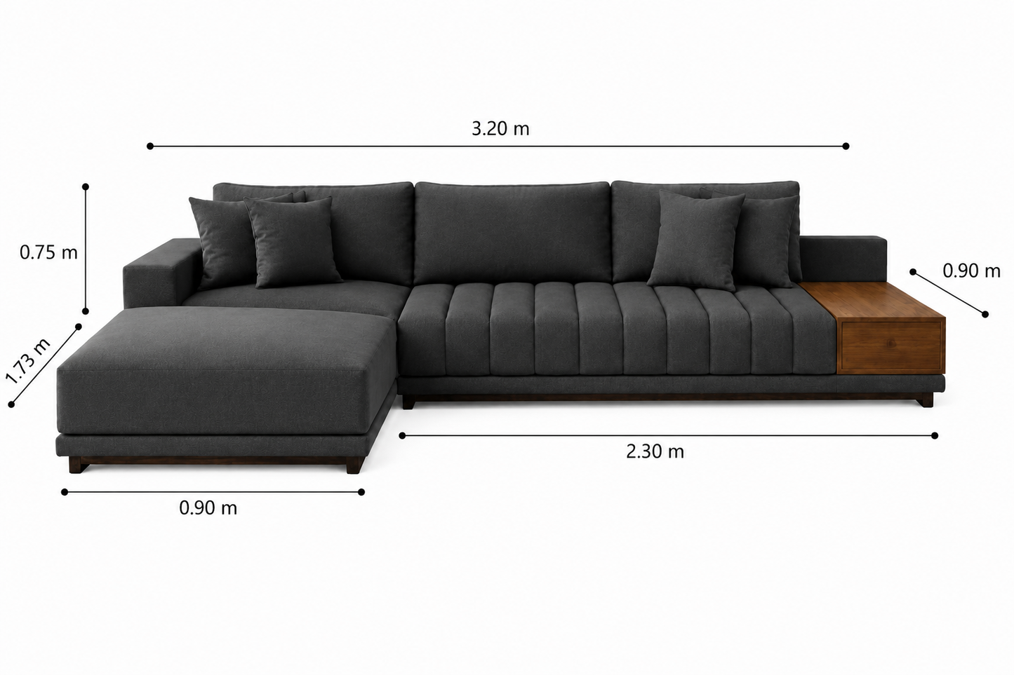 Sofá Seccional Moderno Lyon con Chaise Longue Izquierdo y Mesa Lateral de Parota.