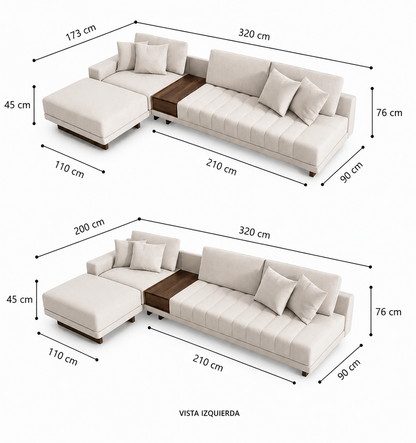 Sofá Modular Aura | Chaise Izquierdo con Mesa Central de Parota