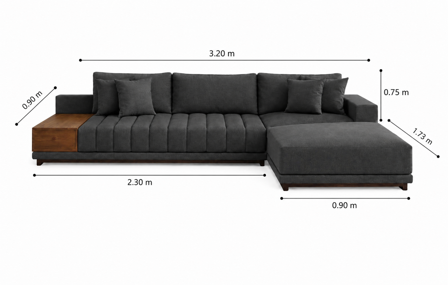 Sofá Seccional Moderno con Chaise Longue Derecho y Mesa Lateral de Parota, Modelo Lyon