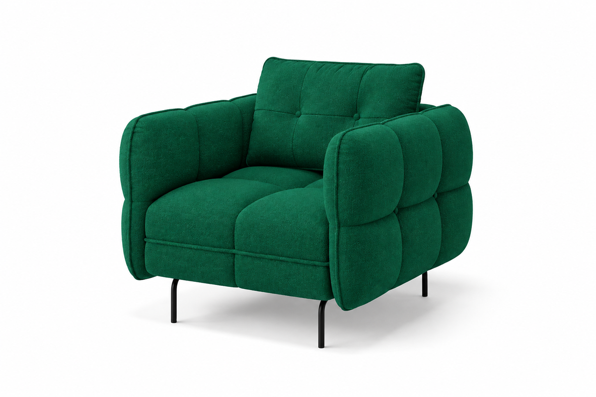 Sillón individual Siena verde esmeralda visto en ángulo, completo sobre fondo blanco