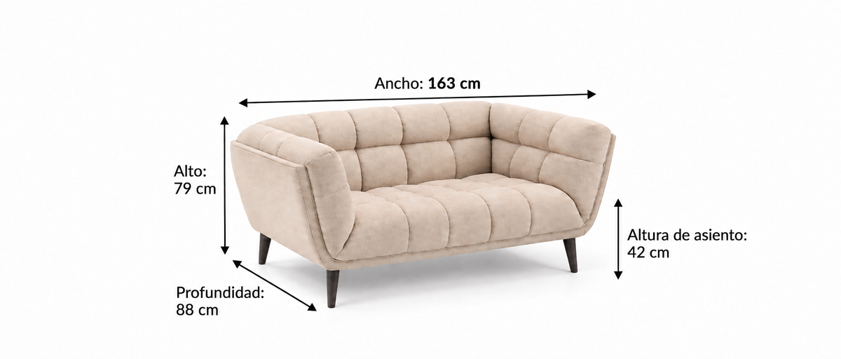 Sofá 2 Plazas Lumen con medidas: 163 cm ancho, 88 cm profundidad, 79 cm alto, 42 cm altura de asiento