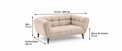Sofá 2 Plazas Lumen con medidas: 163 cm ancho, 88 cm profundidad, 79 cm alto, 42 cm altura de asiento