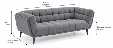 Diagrama de medidas del Sofá Lumen 3 Plazas: ancho 196 cm, alto 79 cm, profundidad 88 cm, altura de asiento 42 cm