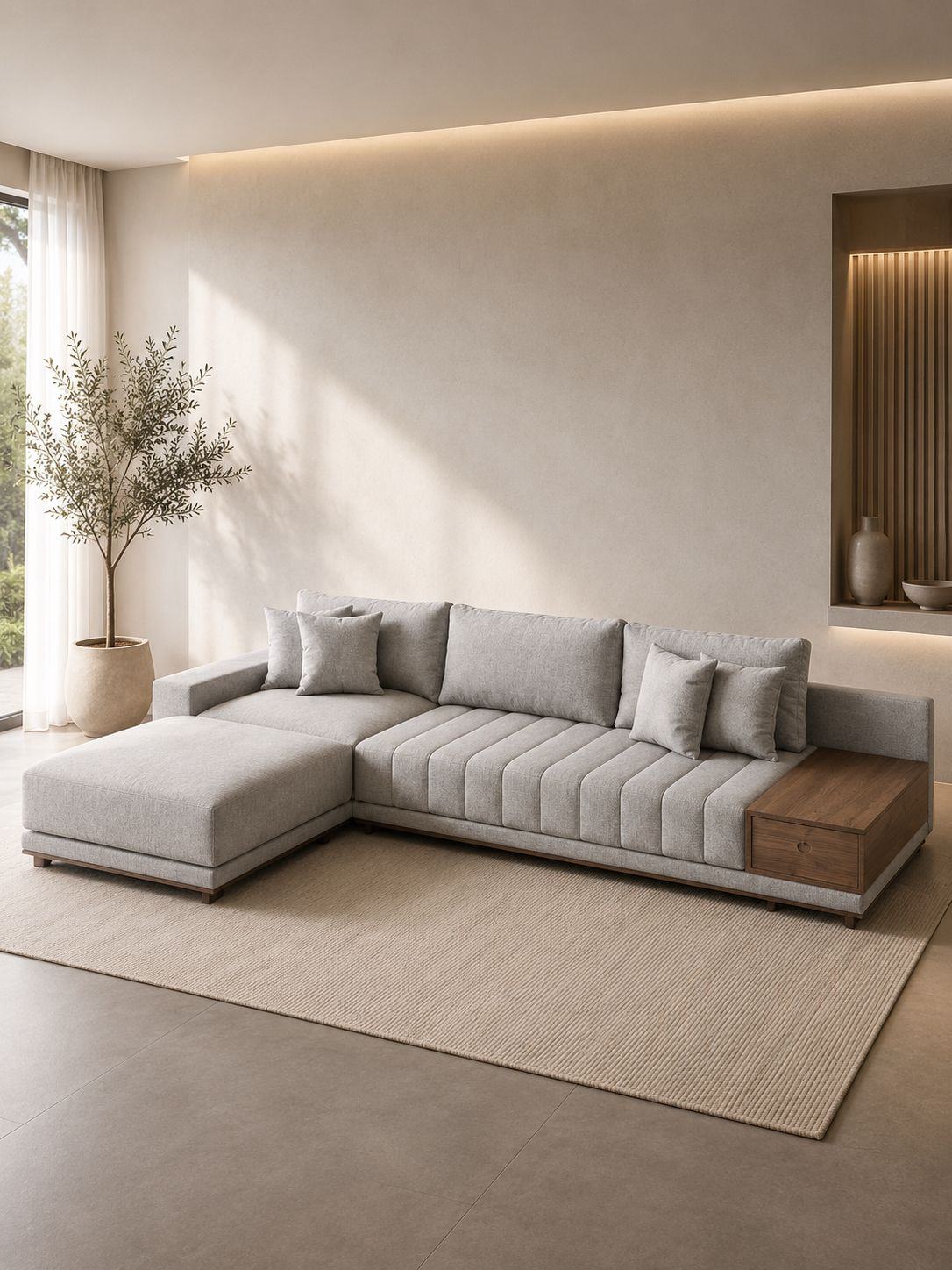 Sofá Seccional Moderno Lyon con Chaise Longue Izquierdo y Mesa Lateral de Parota.