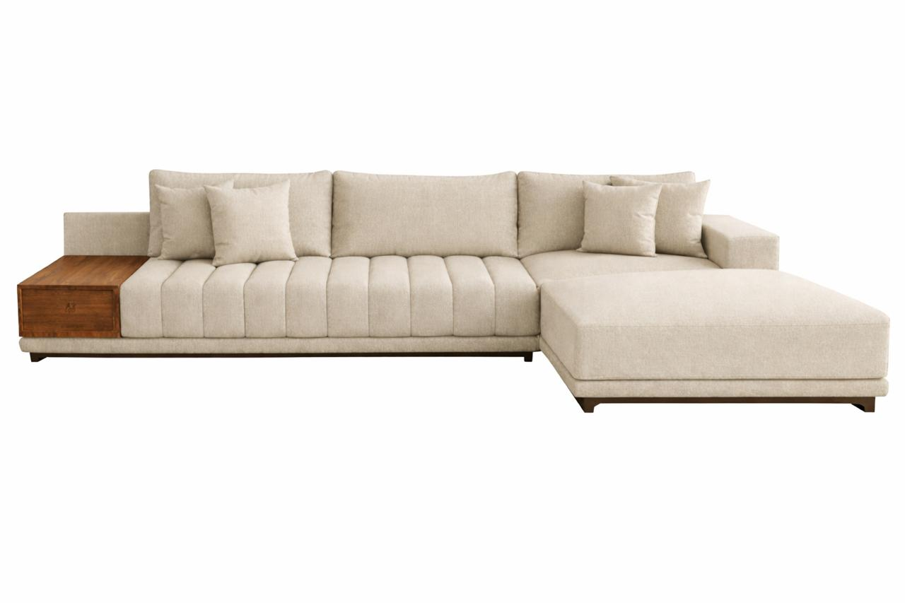 Sofá Seccional Moderno con Chaise Longue Derecho y Mesa Lateral de Parota, Modelo Lyon