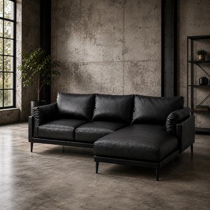 Sofá Seccional Moderno Silvana de Piel color Negro con Chaise Longue Derecho.