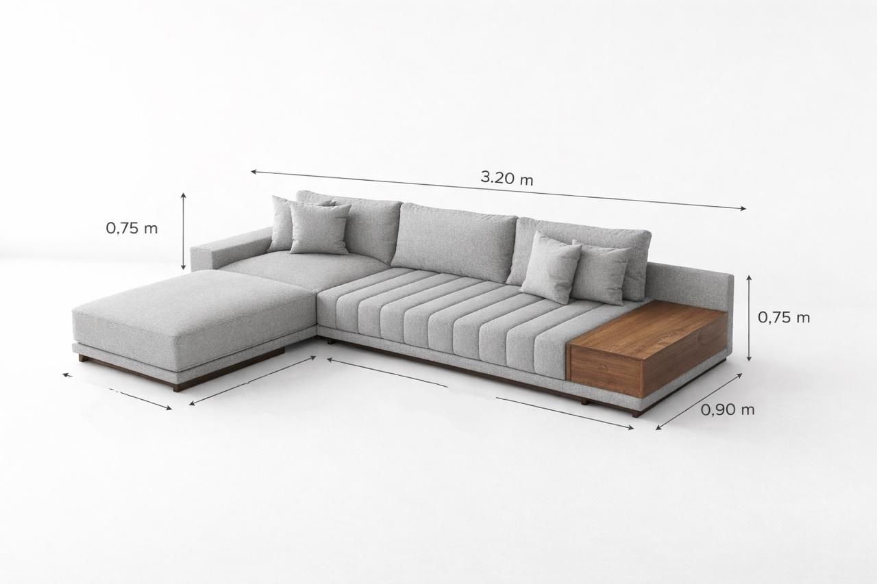 Sofá Seccional Moderno Lyon con Chaise Longue Izquierdo y Mesa Lateral de Parota.
