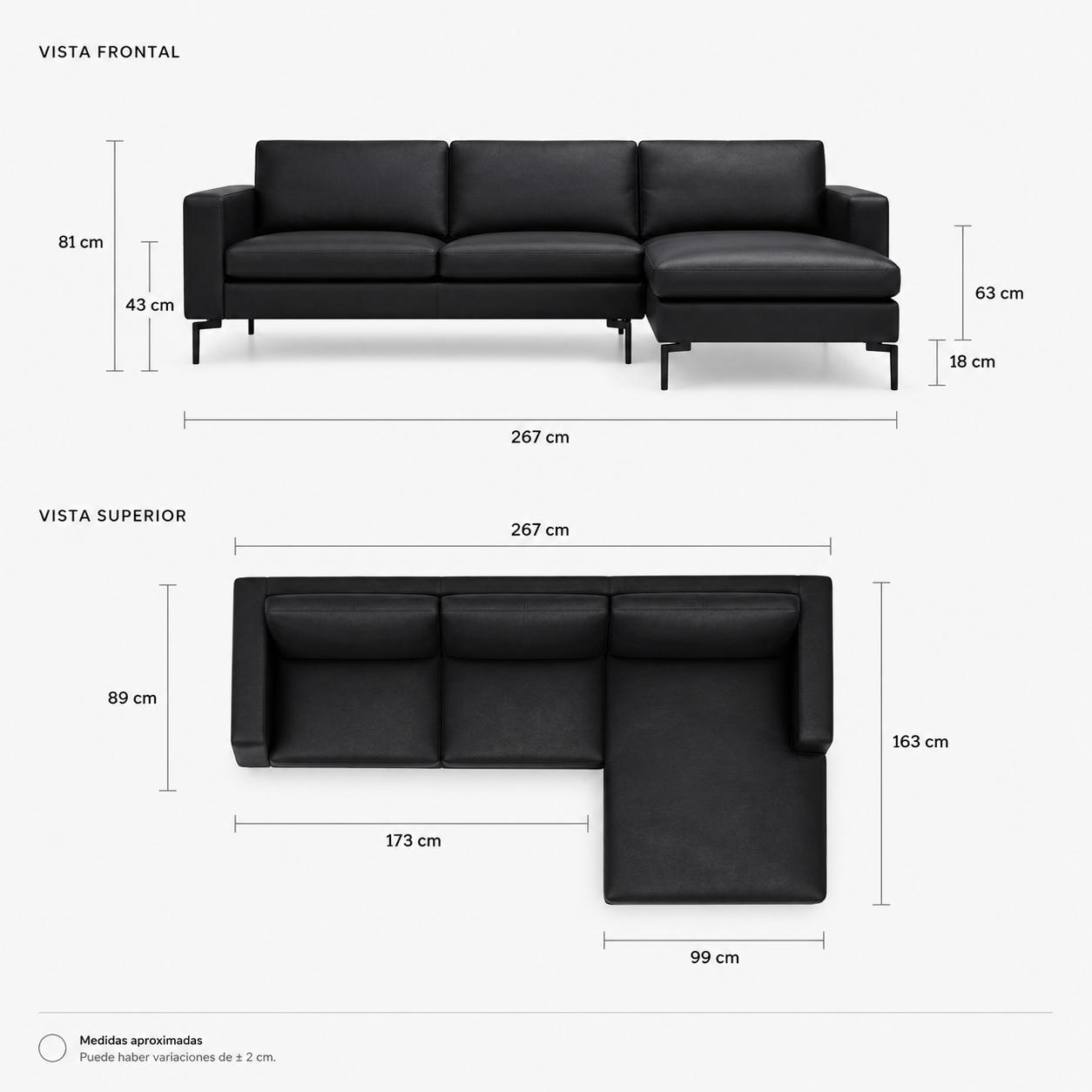 Sala Modular Vienna — Piel Negro | Chaise Longue Lado Izquierdo
