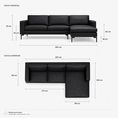 Sala Modular Vienna — Piel Negro | Chaise Longue Lado Izquierdo