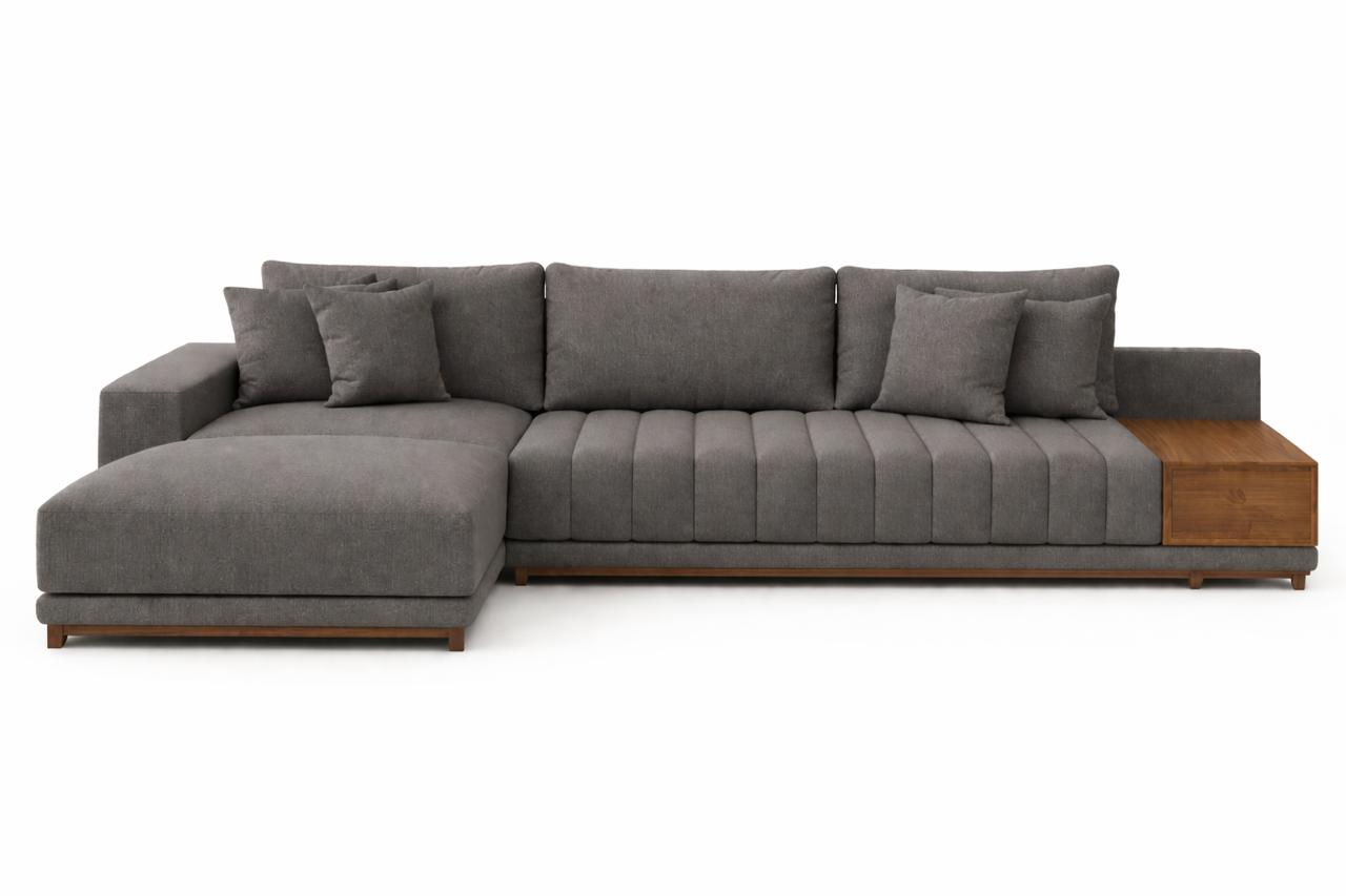 Sofá Seccional Moderno Lyon con Chaise Longue Izquierdo y Mesa Lateral de Parota.