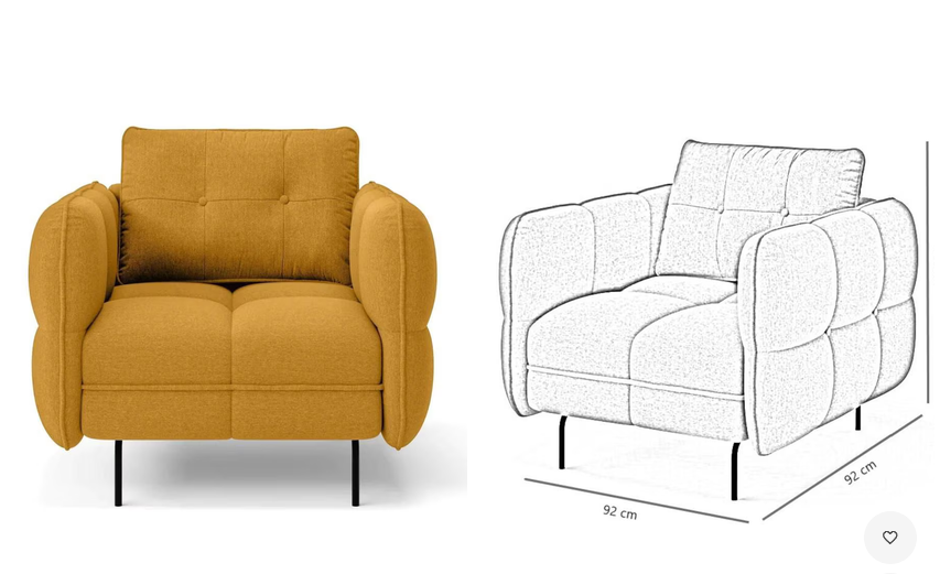 Sillón individual mostaza con brazos redondeados, vista frontal y dibujo técnico