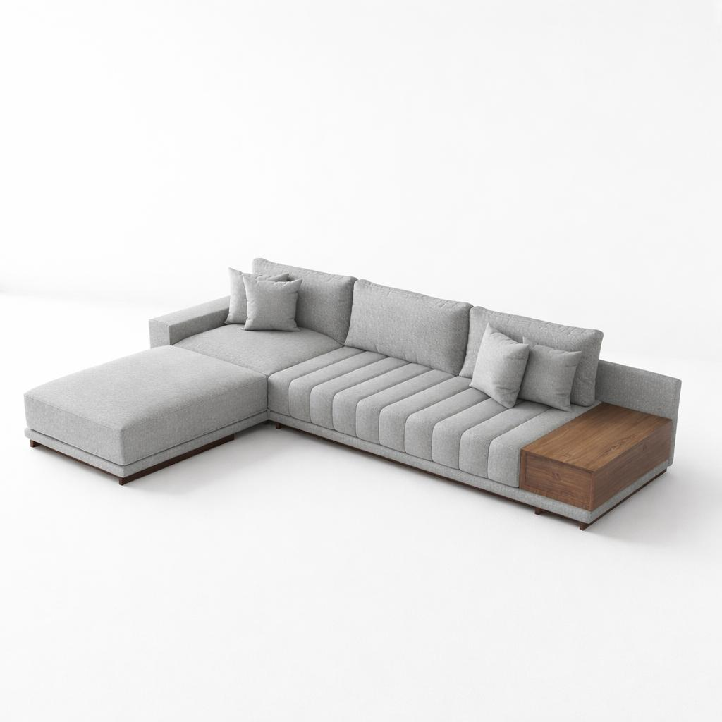 Sofá Seccional Moderno Lyon con Chaise Longue Izquierdo y Mesa Lateral de Parota.