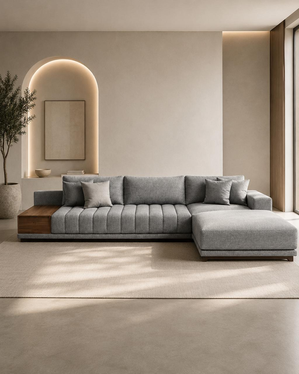 Sofá Seccional Moderno con Chaise Longue Derecho y Mesa Lateral de Parota, Modelo Lyon